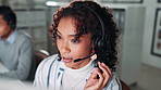 Call center, woman and customer support in office with help, communication and online consultant. Contact us, headset and technical service crm, telemarketing or sales agent coworking for hotline