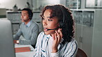 Call center, woman and technical support in office with crm, communication and online consultant. Contact us, headset and customer service help, telemarketing or sales agent coworking for hotline