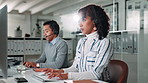 Business people, consultants and typing with headset on computer for online assistance at office. Businessman, woman or agents working late on technology for tech support, advice or CRM at workplace