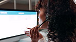 Call center, computer screen and headset with woman in office for assistance or communication. Contact us, customer service and support with person at help desk for consulting or lead generation
