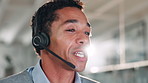 Conversation, crm and headset with man in call center for help or online assistance. Communication, contact us and customer service with employee talking in office for support as virtual assistant