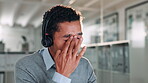 Call center, stress and tired with business man for customer service, complaint log or debt counselor. Mental health, credit review and fatigue with person in office for contact us and audit error