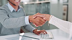 Shaking hands, negotiation and business people in office for deal, team or thank you. Meeting, partnership and financial consultant with client with handshake for investment contract in workplace
