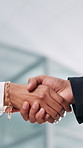 Business people, closeup or investor shaking hands for corporate funding, agreement or b2b deal. Partnership, executive director or advisor in office for collaboration, handshake or merger meeting 
