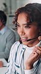 Call center, sales and happy business woman talk for lead generation, contact us or help. Consultant, customer service or listen to conversation with headset for insurance, advice and telemarketing