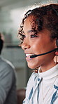 Call center, telemarketing and business woman talking for lead generation, contact us and help. Happy consultant, customer service and conversation on headset for insurance sales, advice and faq