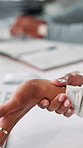 Business, hands and woman in office, wrist pain and inflammation with arthritis. Person, closeup and consultant in workplace, carpal tunnel syndrome and strain with muscle tension, ache and sprain