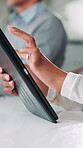 Woman, hands and tablet in office for business, website scroll and search on internet. Admin person, tech and typing in coworking space for schedule update, agenda and feedback for efficient workflow
