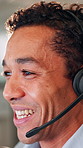 Headset, man and customer service in office with smile, communication and online consulting. Assistant, advice or call center for CRM contact support, discussion or sales agent for hotline business