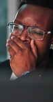 Man, tired and yawn with laptop at office, fatigue or brain fog for project management at company. African person, accountant and review with burnout, deadline or pc in workplace at financial agency