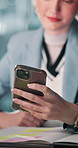Mobile, hand and business woman in office for compliance email, texting or deadline. Reading, phone and worker scroll app for communication, update policy and message for regulations online at night