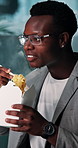 Businessman, night or eating with noodles for lunch break, rest or meal time at office. Black man, employee or hungry journalist working late with chinese food, chopsticks or snack at workplace