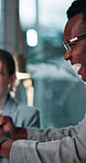 Happy, business people or night with high five at office for success, winning or teamwork. Businessman, woman or excited employees with smile, touch or fist pump for celebration or promotion together
