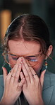Woman, headache and stress with glasses at office, night and eye strain with burnout at workplace. Person, migraine and overworked with fatigue, tired and exhausted with vertigo at finance agency
