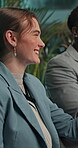 Corporate, laughing and meeting with business woman in boardroom of office for project management. Collaboration, discussion and funny with employee people in workplace for planning or strategy