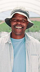 Greenhouse, black man and face with smile for farming, agriculture and sustainable environment. Happiness, male person and farmer in portrait for eco friendly, confidence and produce production