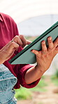Hands, tablet and greenhouse with inspection for agriculture, quality assurance and digital checklist for farming. Research, scroll app or person with online harvesting guide for sustainability
