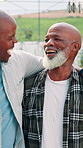 Senior, dad and black man in backyard with hug, laughing and happy family on weekend reunion in home garden. Relax, father and son with embrace, outdoor bonding and funny joke together with love