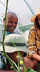 Parents, boy and farming in greenhouse with learning, smell and plants with inspection for quality assurance. Man, woman and child with teaching, support and crops with agriculture at family business
