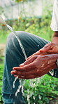 Farming, washing hands and man with agriculture, cleaning or sustainability with countryside. Black farmer, greenhouse or employee with hygiene, ecology or growth with liquid to remove bacteria