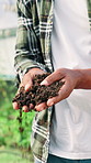 Agriculture, farming and farmer hands with soil inspection for crop management, plant health and quality assurance. Agribusiness, person and fertilizer for sustainable growth and natural nutrients