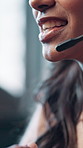 Closeup, call center and headset with woman, mouth and smile for advice with consulting at office. Person, agent and customer support at help desk, contact and discussion with voip tech at workplace