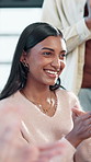 Celebration, business woman and clapping hands at conference for success, goal achievement or excellence. Smile, applause or audience cheers in office for milestone, praise or talk to team at seminar