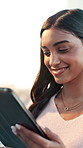 Business, smile and woman with tablet, connection and message with communication. Happy person, employee and consultant with tech, email and digital app for online humor, laughing and website info
