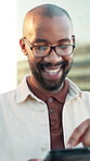 Smile, employee and man with tablet, research and browsing for information on web and social media. Planning, marketing manager and person with tech for audience engagement, online and business