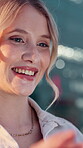 Woman, typing and happy with reading outdoor for social media post, online blog and text message response. Bokeh, person or smile for streaming service, app download or dating site connection in city