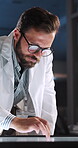 Lab, scientist and man with interactive display, research or analysis on website or gene sequence. Clinic, medical professional and person with tech for forensic science, online or review of evidence