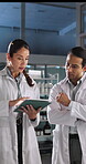 Collaboration, scientist and people with tablet, lab and medical research for healthcare on website. Innovation, man and woman with tech to identify genetic mutations, online and discussion for team