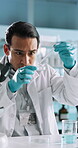 Scientist, man and petri dish with dropper for biology, breakthrough or medical research. Biotech, laboratory and microscope with bacteria DNA study for pharmaceutical RNA or pathology experiment