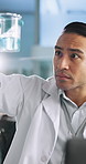 Scientist, man and beaker with chemistry for biology, breakthrough or medical research. Biotech, laboratory and clipboard with bacteria, DNA study and pharmaceutical RNA for pathology experiment