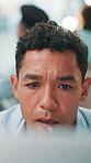 Man, software developer or thinking on computer for troubleshooting or problem solving at office. Male person, programmer or thoughtful coder in wonder for UI design, UX or system update at workplace