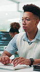 Typing, software developer and business man in office for update, game development and writing data. Keyboard, serious programmer and computer for coding, creative design and test app for project