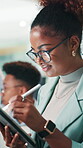 Programming, developer and woman with glasses, tablet and coder with stylus for debugging and web. Business, programmer and person with tech for coding, online and research for project with software