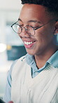 Office, businessman and smile with tablet for research, reading information and ux developer. Career, male person and web designer with digital for connection, software update and happiness for seo