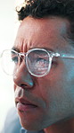 Man, glasses and computer with stress for coding, software development and problem solving. Reflection, programmer and frown in office for cybersecurity error, programming virus or thinking with tech
