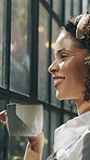 Happy, morning and African woman with coffee in home for thinking, daydreaming and inspiration. Window, relax and person smile with beverage, hot drink and tea in house for calm, peace and wellness