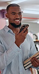 Black man, student and voice with phone in library for communication, audio message and chat for education. Person, walking and speaker with mobile app for conversation, sound and studying feedback 