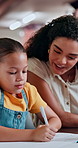 Writing, help and woman with girl, education and support with conversation, growth and creativity. Teacher, student and kid with book, knowledge and advice with child development, language and smile