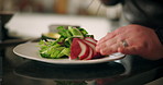 Chef, hands and plate with salad for hospitality, vegetarian meal or food serving in kitchen. Closeup, person or professional cook with vegetables or apple slices for diet, nutrition or vegan cuisine