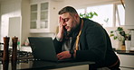 Laptop, stress and man in kitchen with recipe online with glitch, mistake or crisis with upload. Frustrated, computer and male chef entrepreneur with research for difficult meal tutorial in home.