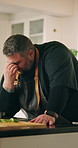 Frustrated, headache and chef in kitchen with stress for career, job and catering at restaurant. Pressure, cook and man with tension, migraine and head pain for fatigue, burnout and overworked