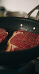 Cooking, pan and steak seasoning closeup for meal prep, cuisine or meal for catering. Food, nutrition and red meat dish with spice, frying and culinary process, preparation and ingredients for dinner