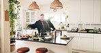 Man, chef and timelapse with cooking in home, multitasking or wine with pot for cuisine, sauce and diet. Person, food and bottle with alcohol, ingredients or fast for nutrition, meal or dish in house