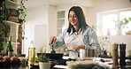 Woman, cooking and food in kitchen at house of meal preparation, smell aroma and nutrition lunch. Female person, chef and dish scent with healthy ingredients, diet cuisine and wellness for culinary
