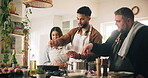 Couple, cooking and chef in kitchen for education with meal prep, teaching class and hospitality industry. People, instructor and food instructions for culinary lesson, nutrition process and dinner