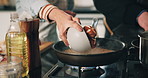 Hands, people and cooking food in kitchen for meal preparation, helping and risotto recipe. Person, chef and mushrooms with rice dish of culinary skills, nutrition dinner and gourmet cuisine at house
